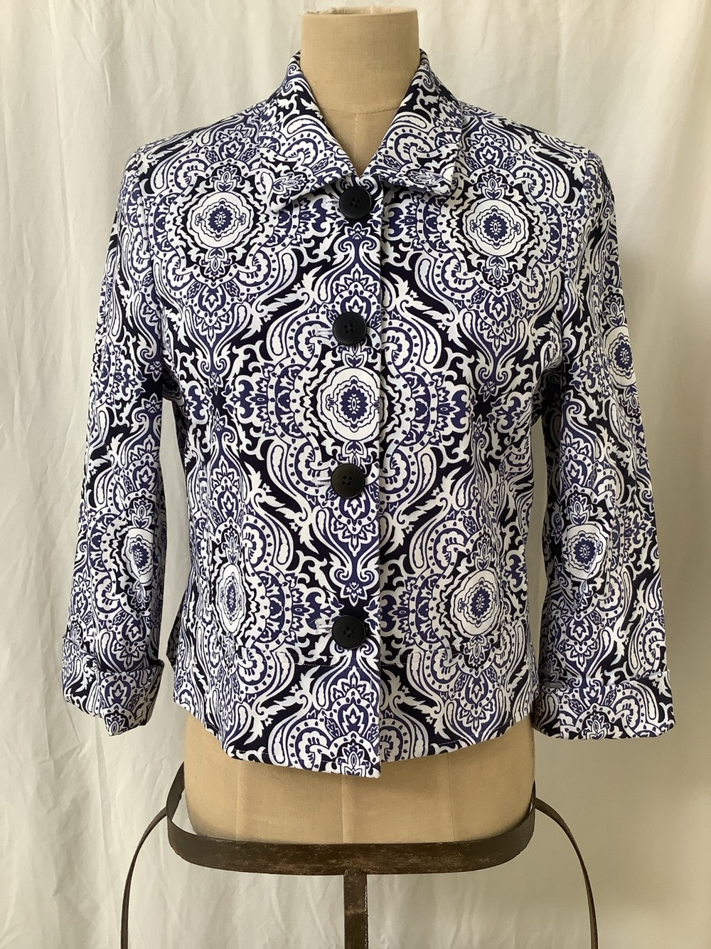 Jones New York Signature Jacket Top-Stretch-Blue White Paisley Pattern-12P-READ